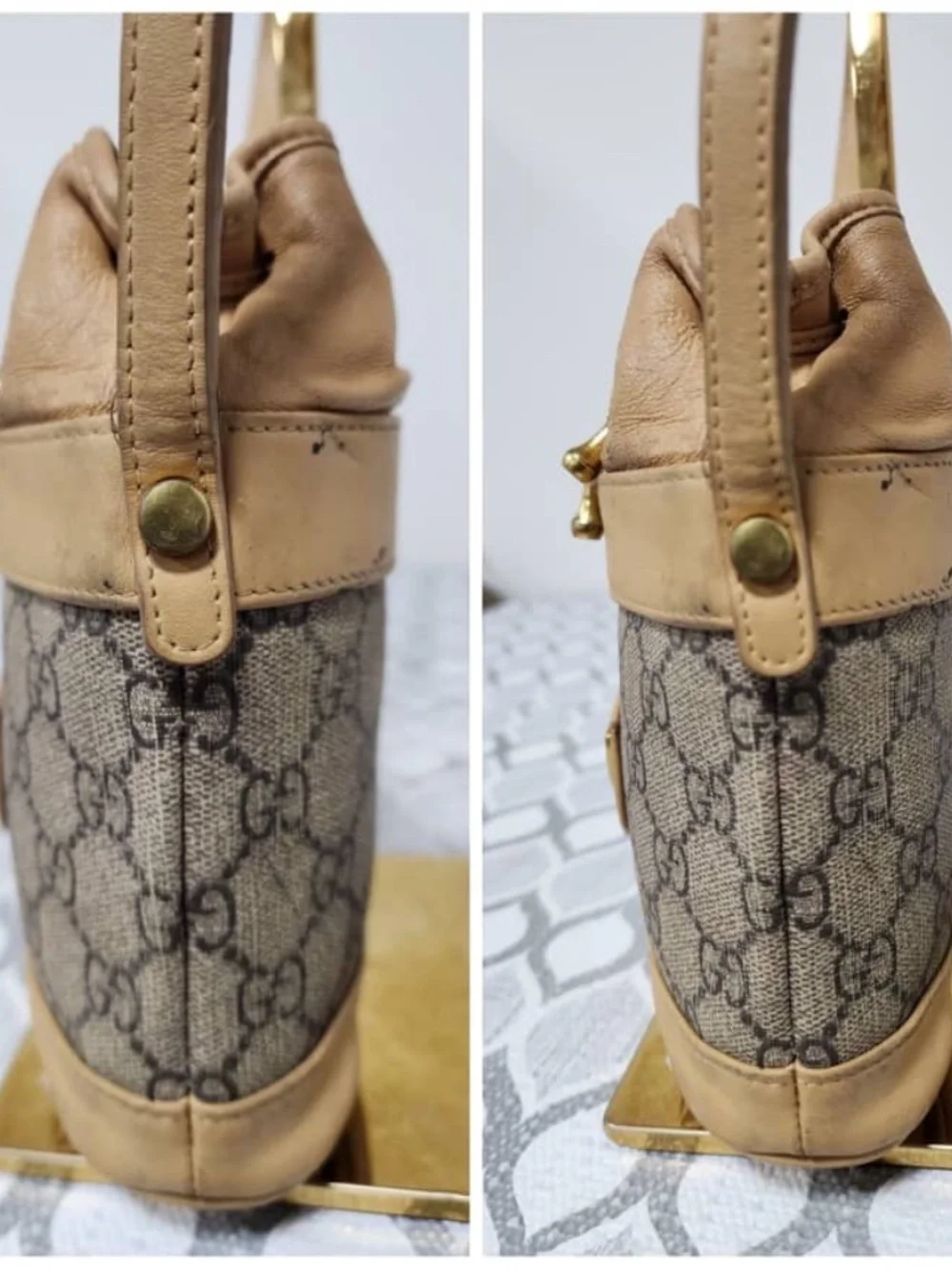 Authentic GUCCI Vintage Monogram Canvas Mini Drawstring Bucket Bag Brown/Beige - Picture 9 of 13